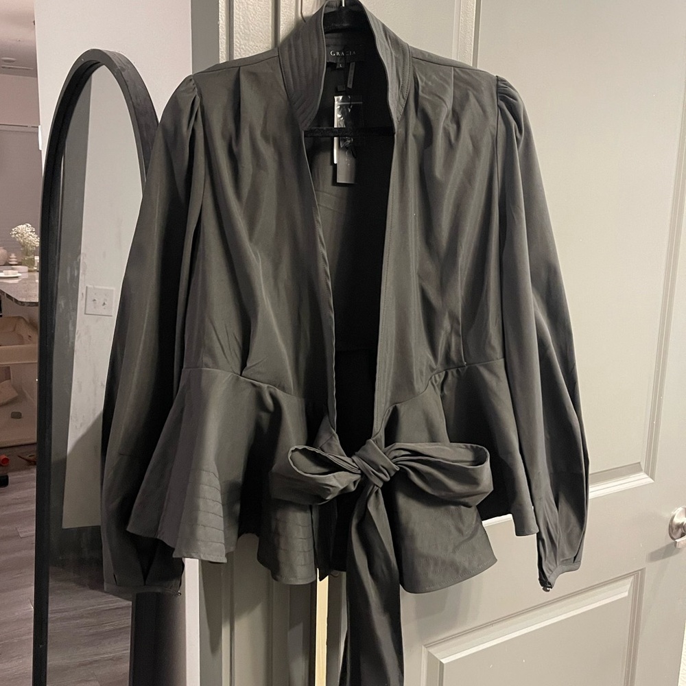 Dark green long sleeve button front tie blouse